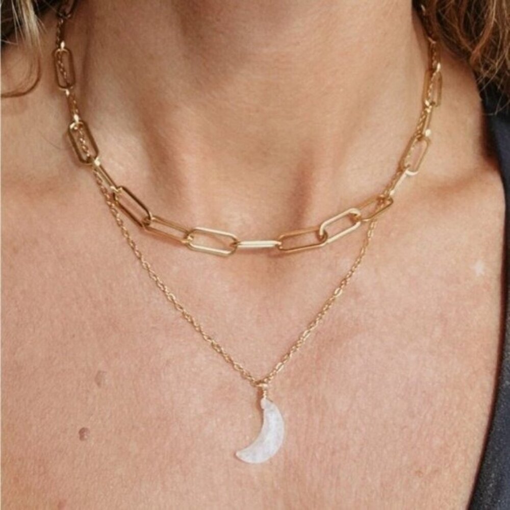 Moon Pendant Necklace Genuine Moonstone or Turquoise Waterproof Gold Chain